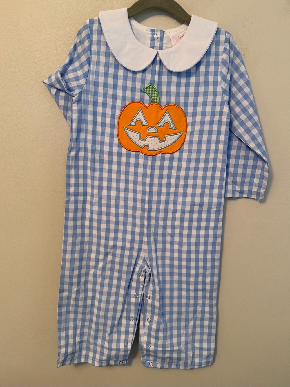 Stitchy Fish Blue Gingham Pumpkin Applique Romper